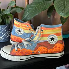 Converse Hi Tops Orange Mountains Please See Pics For Colors And Details This Item Is New But No Tags Or Box. Colorful Converse, Orange Mountains, Converse Embroidery, Orange Converse, Painted Converse, Converse Hi, Blue Converse, Shoe Ideas, Fall Break