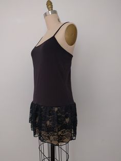 "Shirt Extender Black Lace Camisole, Top Slip Extender, Dress Extenders, Black (or Navy) Lace Top Extender, Size S M L XL XXL An exquisite accessory for your wardrobe. This black cotton jersey tank top feminine camisole is perfect to wear under all your too-short tops or dress to make it a longer length. The camisole top has a scoop neck and non-adjustable bra straps. The hem extender has 2 layers of black ( or navy) lace ruffles with 7.5\"-8\" long. Length is 26\" -32\" from shoulder to hem. Ma Black Lace Camisole, Top Extender, Slip Extender, Shirt Extender, Dress Extender, Lace Camisole Top, Adjustable Bra, Jersey Tank Top, Lace Camisole