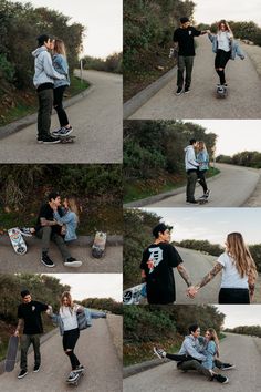 a man and woman standing next to each other holding skateboards