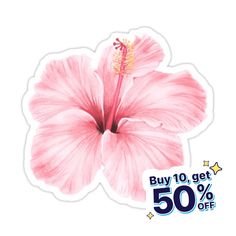 a pink flower with the words buy 10 get 50 % off on it's sticker