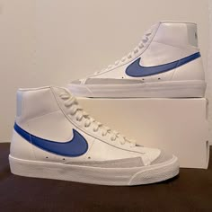 Nike Blazer Mid 77 Vintage White Game Royal Nike Blazer Mid 77 Aesthetic, Nike Blazer Blue, Nike Air Presto White, Shoes Nike Blazer, School Moodboard