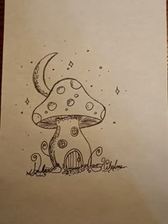 a drawing of a mushroom house with a crescent moon