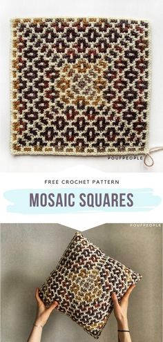 two pictures showing how to make a mosaic square rug with the text, free knitting pattern