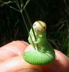 a tiny green insect sitting on top of a leaf in someone's hand,