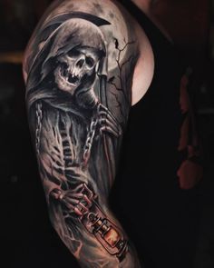 Reaper Arm Tattoo, Reaper Sleeve Tattoo, Grim Reaper Sleeve Tattoo, Grim Reaper Sleeve, Halloween Sleeve, Halloween Tattoos Sleeve, Grim Reaper Tattoo, Reaper Tattoo, Skull Sleeve Tattoos