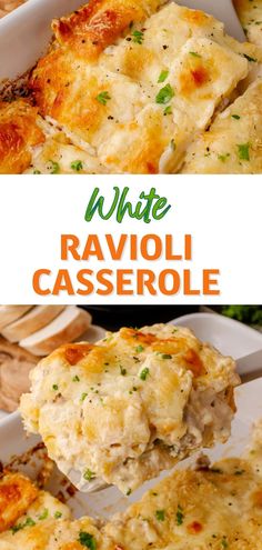 white ravioli casserole with cheese and parmesan on top is shown