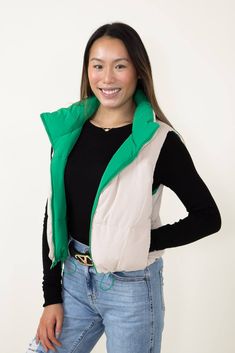 Look your best without sacrificing comfort in this Love Tree Cropped Reversible Puffer Vest for Women in Green/Beige. This reversible vest features a cropped fit for a modern look that's perfect for any occasion. The green and beige colors will make a great addition to your wardrobe. Enjoy the ultimate in fashionable warmth and comfort! Features: Love Tree Style: 5070VY-KELLY Color: Green and Beige 100% Polyester Women’s vest Reversible Center front zipper Puffer design Cropped fit Adjustable wa Vest For Women, Reversible Vest, Love Tree, Green Beige, Look Your Best, Puffer Vest, Beige Color, Front Zipper, Puffer