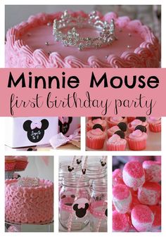 minnie mouse first birthday party with pink and white decorations