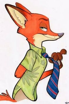 a drawing of a fox with a tie on it's neck and wearing a green shirt