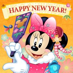 a happy new year card with minnie mouse holding up a cell phone in her hand