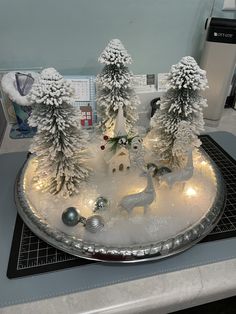 a tray with christmas decorations and trees on it