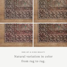 four different rugs with the words natural variation in color from rug to rug