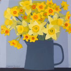 a painting of yellow daffodils in a gray vase on a blue background