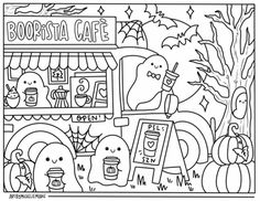 a coloring book page with halloween themed items and the words boopsia cafe on it