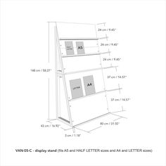 a drawing of a tall bookcase with measurements for the top and bottom shelves on each side