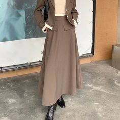 44492680167646|44492680200414 High Waist Brown Maxi Skirt For Fall, High Waist Khaki Skirt For Fall, Fall High Waist Khaki Skirt, Fitted Brown Maxi Skirt For Workwear, Brown Maxi Skirt For Workwear And Fall Season, Solid Beige Skirt For Fall, Beige Solid Color Skirt For Fall, Elegant Khaki Skirt For Workwear, Brown Flared Maxi Skirt For Work