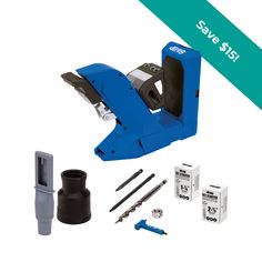 a blue stapler with tools and other items