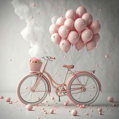 a pink bicycle with balloons floating in the air