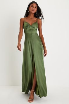 Refined Perfection Olive Green Satin Sleeveless Maxi Dress Earth Tone Formal Dress, Muted Green Dress, Olive Prom Dress, Light Green Formal Dress, Shades Of Green Bridesmaid Dresses, Boho Green Dress, Olive Green Bridesmaid Dress, Green Wedding Guest Dress, Olive Green Prom Dress