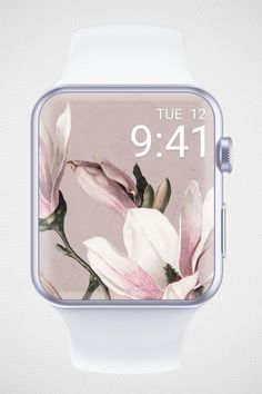 an apple watch with pink flowers on the screen