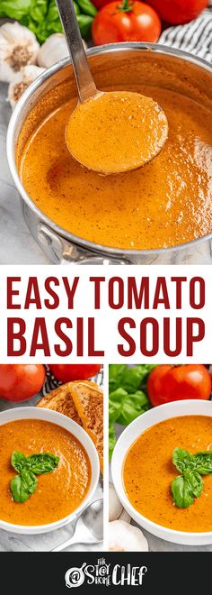 easy tomato basil soup in a bowl with a spoon