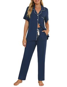 PRICES MAY VARY. 【Soft Pajamas For Women】This women's pajama set is made of soft viscose fabric, which is lightweight, breathable, stretchy, and comfortable, keeping you easeful while sleeping at night. 【Two-Piece Pjs Set】This sleep sets features a full button down shirt that is easy to get on and off, this great feature also makes it perfect for nursing your newborn at home or in the hospital. 【Button Up Pajamas Set】Short sleeve button front top with contrast piping, one chest pockets, notch collar.Elastic Waist Long Pant have an elastic waist and two pockets, make you relaxing as comfortable as possible. And comfy pajama set will keep you from daily stresses and provide you with a soft and comfortable night. 【Perfect as a Gift Pajamas】Perfect Gift Choice for Your Girlfriend, Wife, Mother Soft Pjs, Sleep Sets, Comfy Pajama, Button Up Pajamas, Pjs Set, Women Pajamas, Soft Pajamas, Matching Pajamas, Womens Pyjama Sets