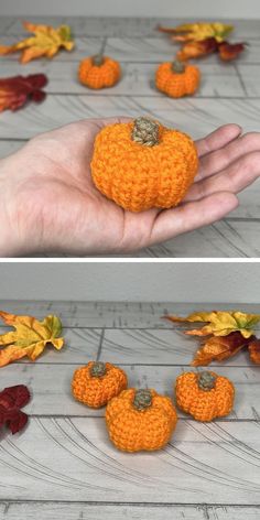 there are two pictures of small pumpkins in the palm