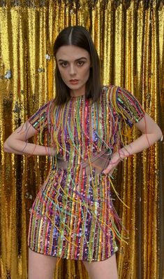 Taste the colors of the rainbow Any Old Iron style! This new Any Old Iron Rainbow Fringe Dress is adorn in various shades of beads, fringe, and sequins. It has sheer cut-outs on the sides of the waist-which can be filled in for custom orders- and a zipper in the back to make it easy to get into and out of. It is the perfect outfit for pride events, red carpets, and date nights. You won't want to miss out on this little shimmy number! To care for this item, please get it dry cleaned. If there are Body Sketching, Outfit For Pride, Rainbow Suit, Rainbow Fringe, The Colors Of The Rainbow, Colors Of The Rainbow, Rainbow Outfit, Red Carpets, Kate Bosworth