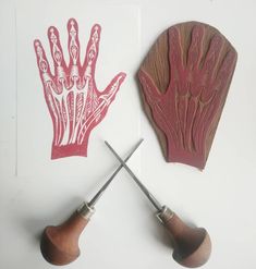 two different types of carving tools on a white surface with one hand and the other