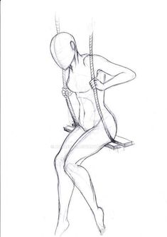 a drawing of a woman sitting on a swing with her legs crossed and hands behind her back