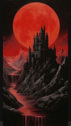 an image of a castle in the sky with blood on it's walls and water flowing from its bottom