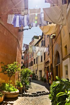 an alleyway with laundry hanging from the clothes line and potted plants on either side