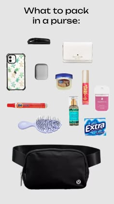 Credit if you wanna reshare🤍 Things to Pack in a Purse💐 What To Pack In Your Purse, What To Put In Your Fanny Pack, What To Pack In Purse, Road Trip Outfits, Athleisure Essentials, Purse For Teens, Disney World Packing