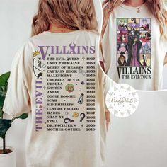 a woman wearing a t - shirt with an image of villaines on it