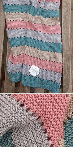 two pictures showing different colors of knitted blankets on a wooden bench, one with a tag and the other without