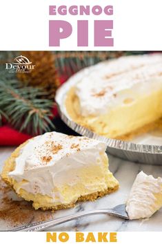 an eggnog pie on a plate with a fork and pine cones in the background