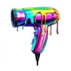 a hair dryer that is dripping paint on it's body and has the shape of a rainbow tube coming out of it