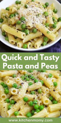 pasta with peas and parmesan cheese is shown in two different pictures, one has the