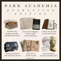 an advertisement for the dark academy quarantune exhibition, featuring books and sculptures