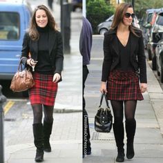 two women walking down the street, one wearing a black jacket and red plaid skirt