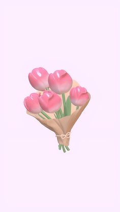 a bouquet of pink tulips on a light pink background with a ribbon tied around it