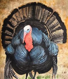 a painting of a turkey with an orange head and blue tail, standing in front of a brown background