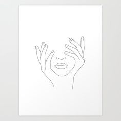 a woman's face with her hands over her eyes, in black and white art print