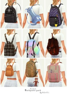 many different types of backpacks are shown in multiple pictures, each with the same color