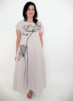 "Handmade 100% MaTuTu Linen Style maxi dress with pockets and belt. BE UNIQUE! This dress is unique, created in collaboration with the painter who drew these wonderful flowers on the dress created by MaTuTu Linen Style. You can order a dress with such flowers as well, just choose the color of the dress from the list of colors, and the painter will make a wonderful flower on it too. Note that it is a handmade drawing, so it could be non-identical as in the photo. *100% local medium weight washed Linen Loose Dress, Fashion Illustration Poses, Light Pink Shirt, Painted Clothes Diy, Pink Clothes, Trendy Shirt Designs, Simple Kurti Designs, Flowers Dress, Crochet Ladies Tops