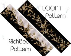 a cross stitch pattern with the words loom pattern written in gold on black fabric