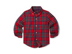 Janie and Jack Plaid Button-Up Shirt (Toddler/Little Kids/Big Kids) - Boy's Clothing : Red : ; Let your little ones throw on the Janie and Jack Plaid Button-Up Shirt and sport a casual look in the crisp festive shirt. Tailored fit. Made from crisp poplin fabric. Buttoned spread collar and long sleeves with buttoned cuffs. Button-down closure. Front chest pocket. Allover plaid pattern. Shirttail hemline. 100% cotton poplin. Machine washable. Imported. Classic Long Sleeve Tops For School, Playful School Top For Fall, Classic Fall Tops For School, Casual Long Sleeve Holiday Tops, Cotton Long Sleeve Holiday Top, Cotton Long Sleeve Top For Holidays, Long Sleeve Cotton Top For Holiday, Holiday Long Sleeve Cotton Top, Casual Long Sleeve Tops For Playtime