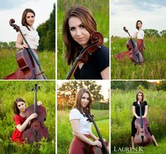 four pictures of a woman holding a violin in her hands and posing for the camera