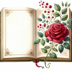 an open book with flowers and leaves painted on the pages is shown in this illustration