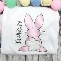 Girl Easter shirt * personalized bunny shirt * pink seersucker bunny applique * available in both long and short sleeve * ships within 5-7 business days Thanks for shopping with Sew Blessed Stitches!  Instagram@sewblessedstitches Facebook.com/sewblessedstitches email - sewblessedstitches@bellsouth.net Easter Pink Cotton T-shirt, Pink Cotton Easter T-shirt, Personalized Pink Tops For Spring, Personalized Pink Top For Spring, Pink Cotton T-shirt For Easter, Bunny Applique, Pink Seersucker, Embroidery Blanks, Personalized Bunny